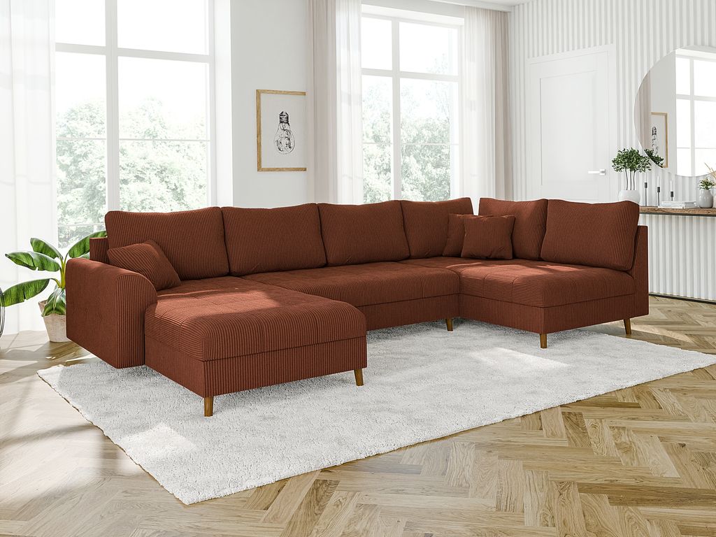 S-STYLE MÖBEL - Kai - Wohnlandschaft mit Braun Holzfüßen im skandinavischen Stil aus Terrakotta Cord-Stoff, Ottomane links