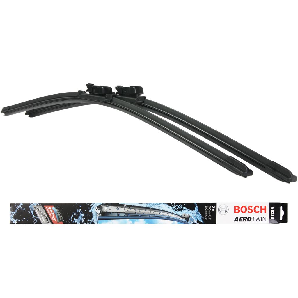 Two black windshield wiper blades are displayed diagonally against a white background, with a packaging strip at the bottom showing a car's taillight and water splashes.