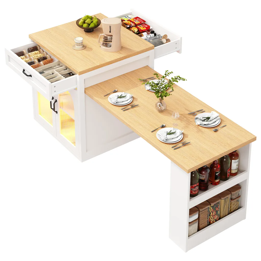 Îlot de cuisine avec éclairage LED et plan de travail extensible en MDF - 10