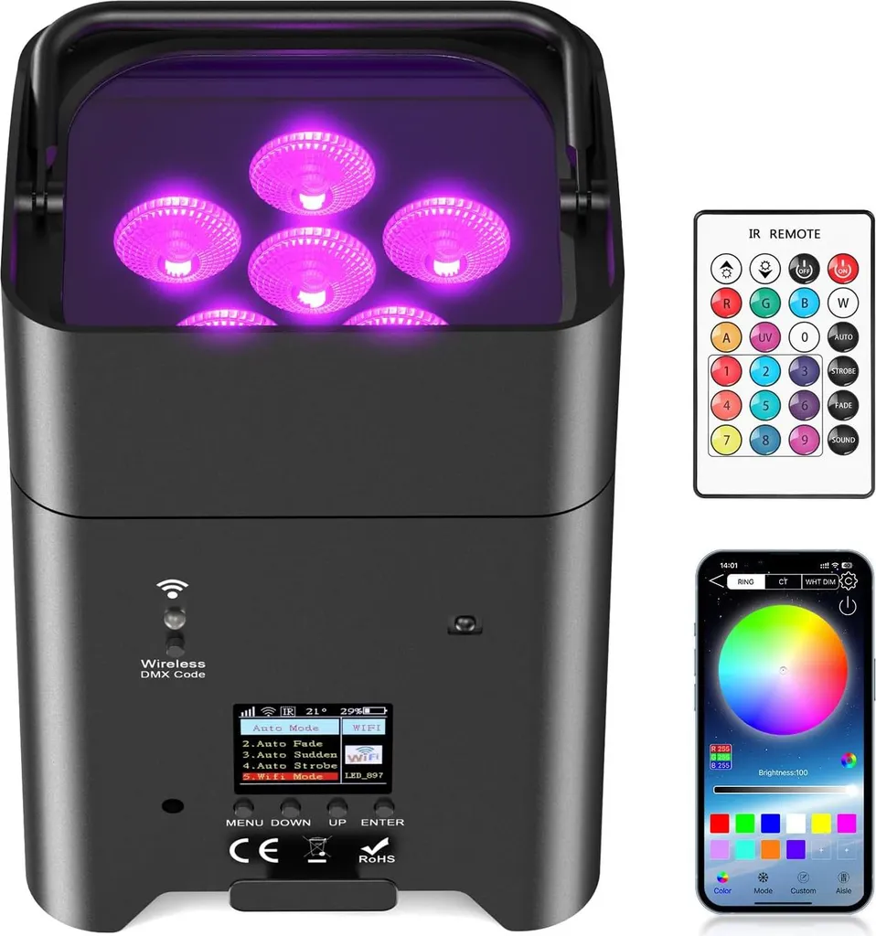 Projecteur LED RGBWA-UV 108W Sans Fil : Puissance et Autonomie Totale