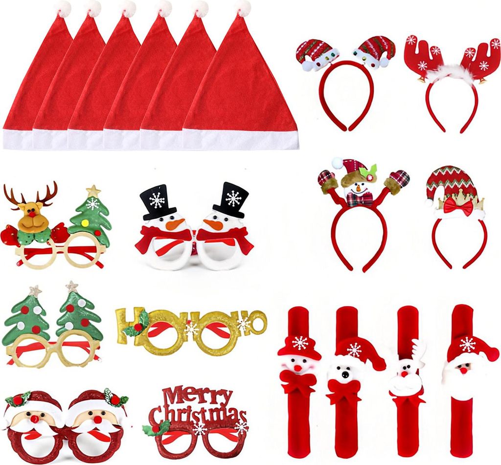 9-teiliges Weihnachtsparty-Geschenkset, originelle Brillengestelle, Weihnachts-Stirnbänder, Weihnachtsmütze, Schlagarmbänder-Set für Partyzubehör