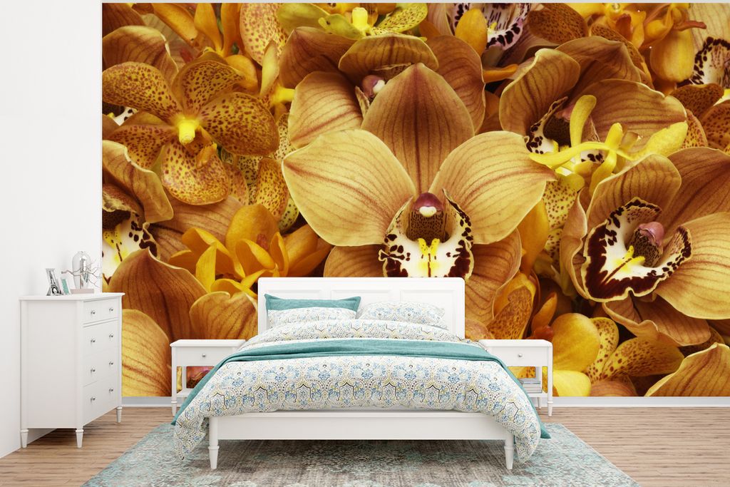 MuchoWow Fototapete für Wohnzimmer oder Schlafzimmer Wandtapete Vinyl Motivtapete Die flammend orangefarbenen Orchideen - 400x300 cm - Papiertap...