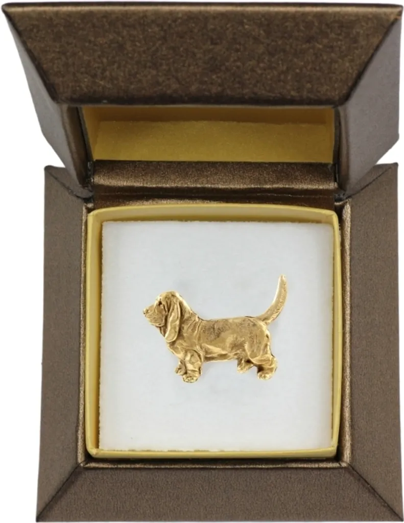 Broche Basset Dorée avec Coffret - Attache de Veste Haute Qualité Art-Dog
