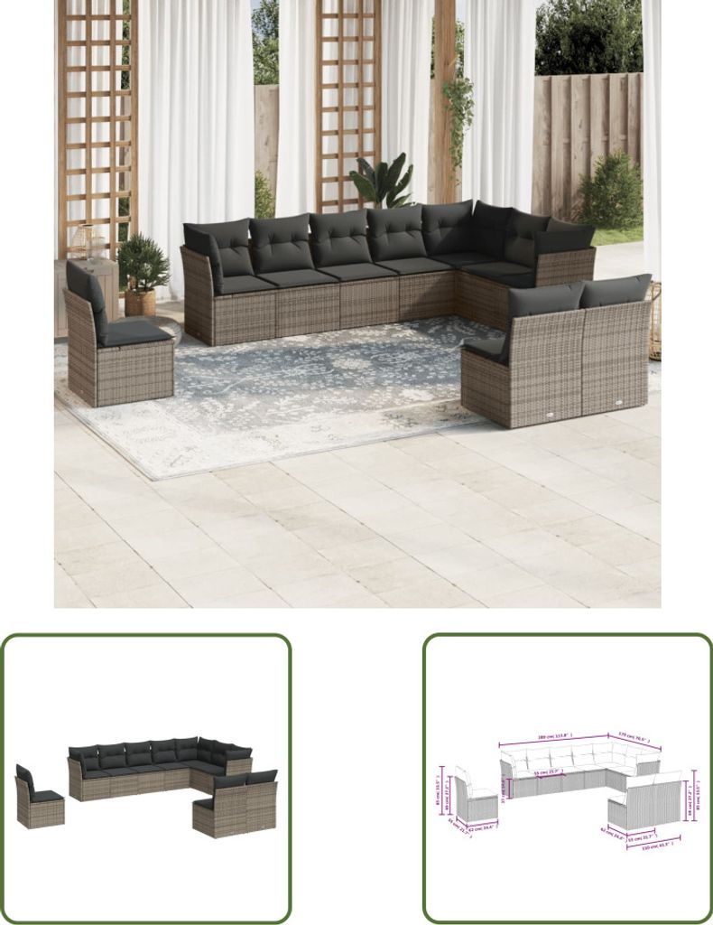 The Living Store 10-tlg. Garten-Sofagarnitur mit Kissen Grau Poly Rattan