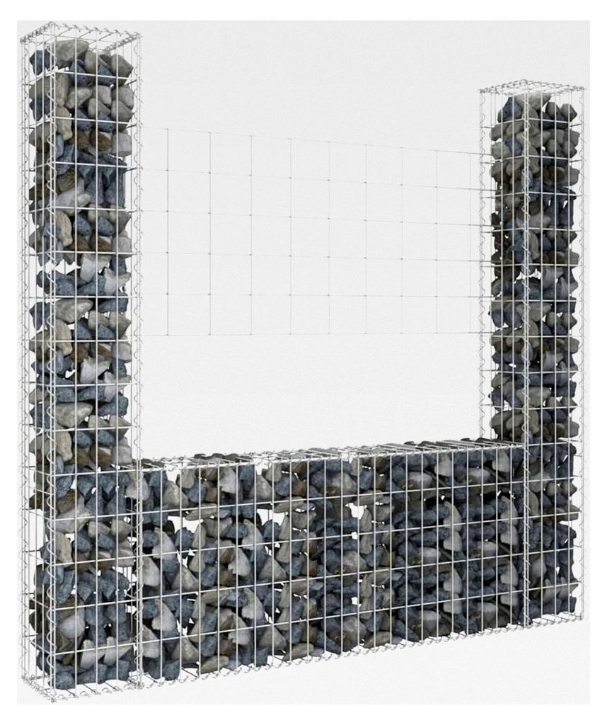 Gabionen Zaun, Gabionengitter, Gabionenkörbe, U-Form Gabionenkorb mit 2 Säulen aus Eisen 140x20x150 cm