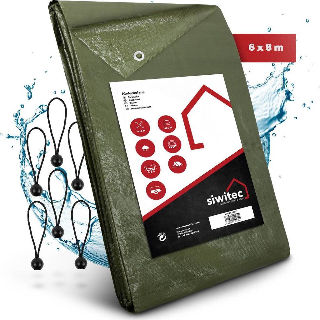 siwitec Abdeckplane 6 x 8 m inkl. 6 Planenspanner, Gewebeplane 140 g pro m², Plane, wasserdicht
