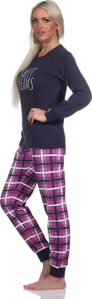 Normann Damen langarm Schlafanzug mit Bündchen Pyjama mit karierter Jersey Hose ; marine , 48-50