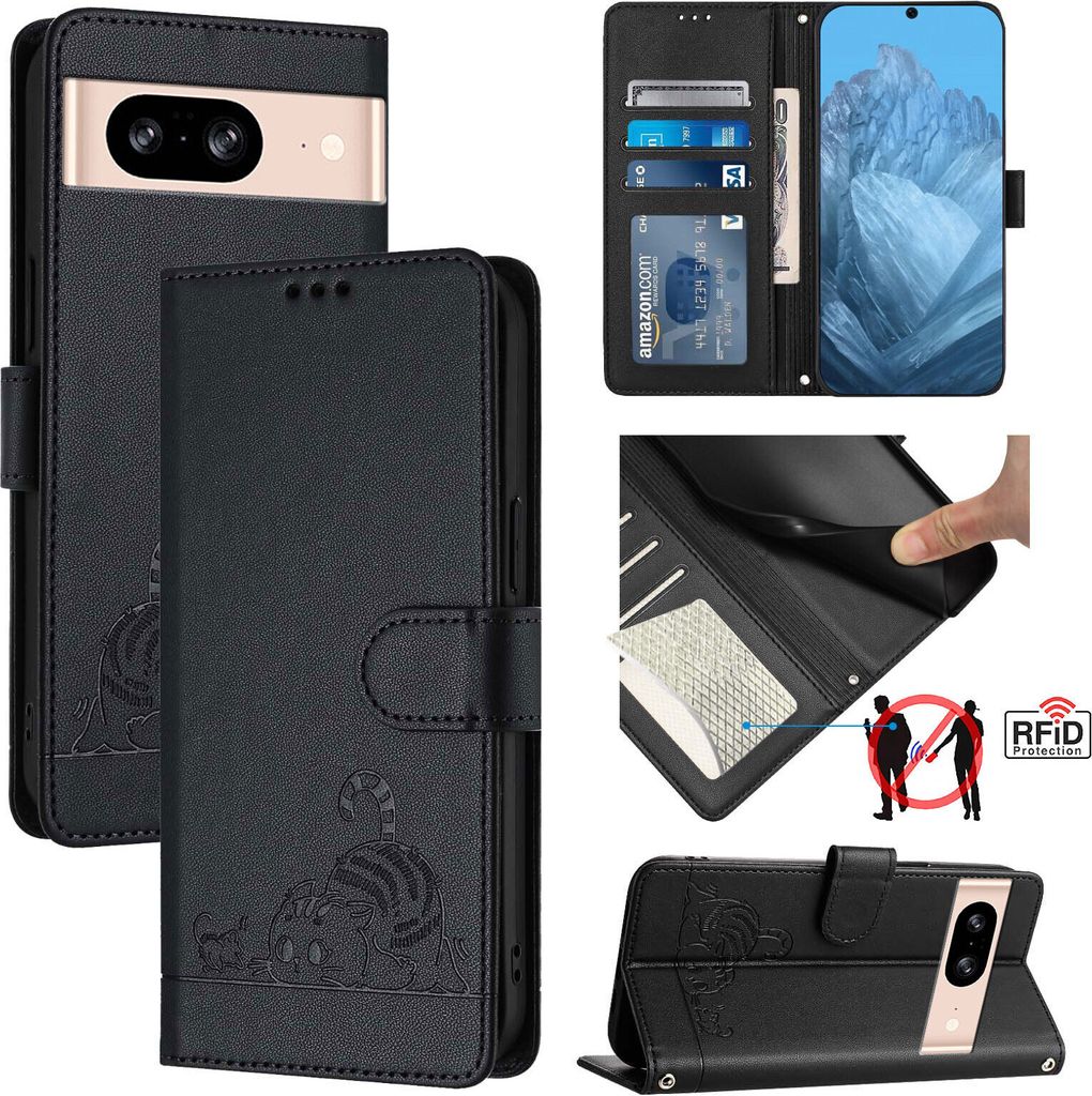 Leder Hülle für Google Pixel 8 Süße Katze Flip Case Brieftasche Schutzhülle mit Standfunktion Schwarz