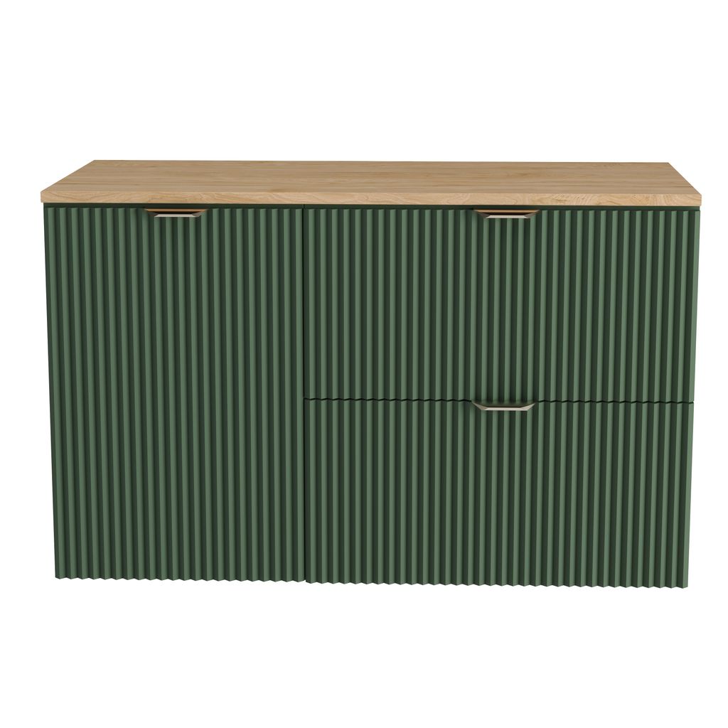A product shot of a green cabinet with a wooden top.