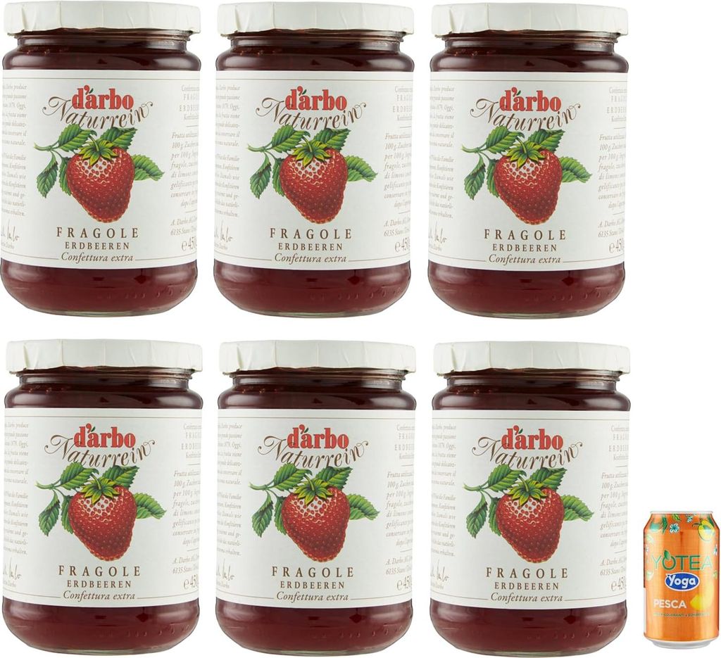 6er-Pack Darbo Marmelade Confettura Naturrein Fragole,Erdbeerkonfitüre,450g Glas + 1er-Pack Yoga Eistee Pfirsich 330ml Dose