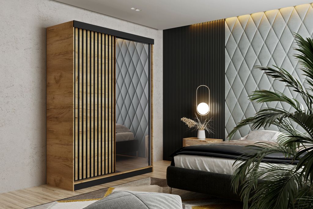 Schiebetürenschrank MALANI 138x205, Schrank, Garderobe, 2-türig, Kleiderschrank, mit Spiegel - Eiche (Korpus und Tür) + Schwarz (Lamellen)