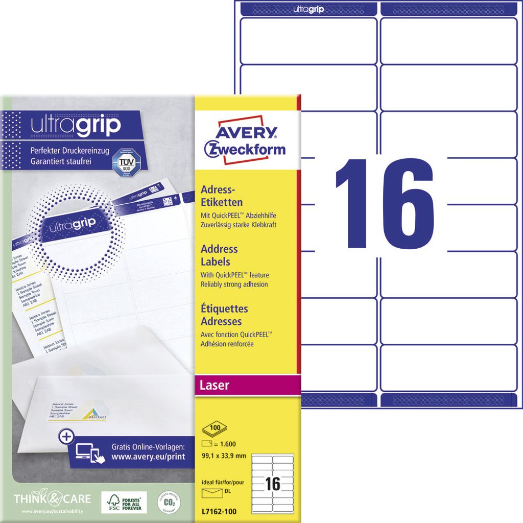 Avery Zweckform L7162-100 Adress-Etiketten, A4 mit ultragrip, 99,1 x 33,9 mm, 100 Bogen/1.600 Etiketten, weiß