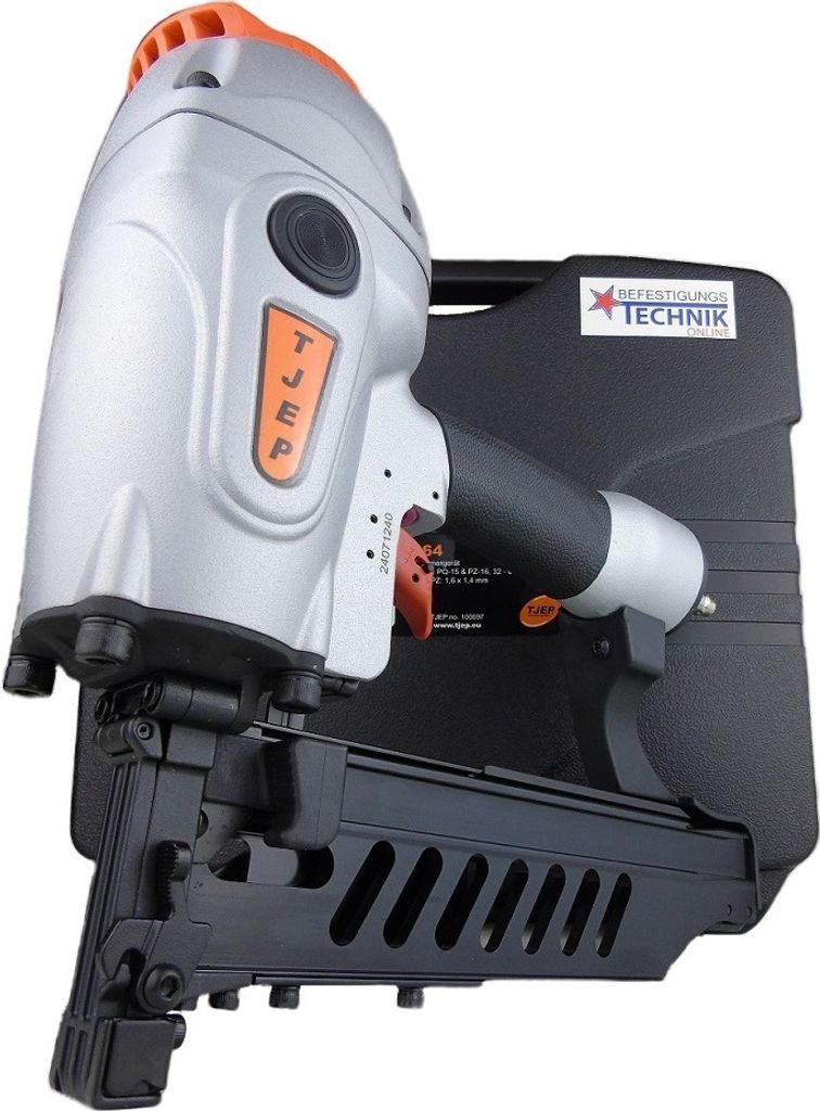 A nail gun is presented in its case, isolated on a white background.