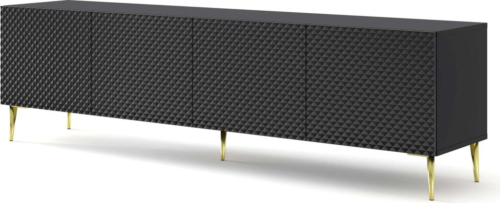 FURNLUX Tv-ständer Ravenna C Schwarz Und Glänzend Schwarz Und Gold 200cm / Hauptfarbe: Schwarz / Abmessungen: 200 x 56 x 42 cm