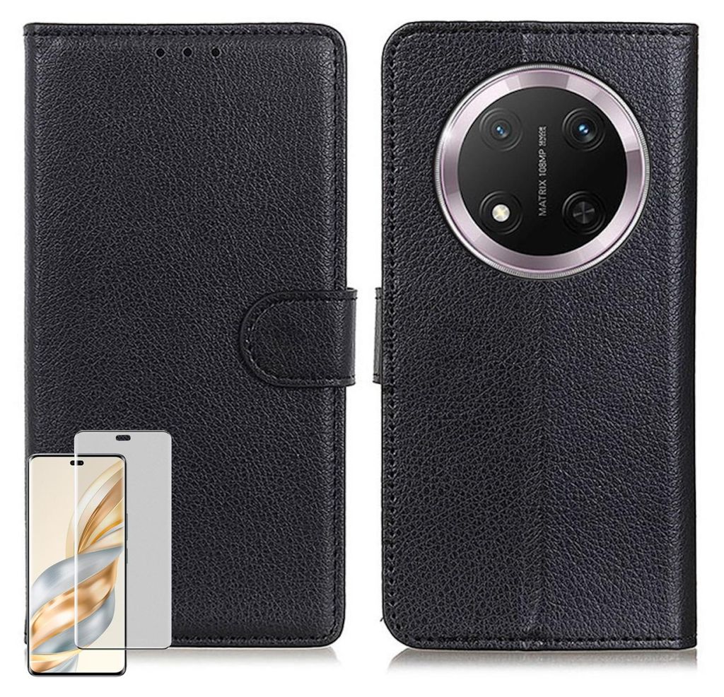 Für Honor Magic 7 Lite / X9c Handy Tasche Schwarz Etuis Kunst-Leder Hülle Case + 4D Curved H9 Hart Glas