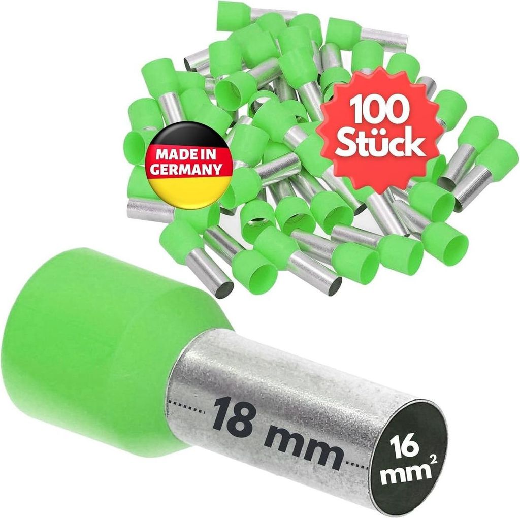 100 Stück Kalitec AE1618GN Aderendhülsen isoliert 16,0mm² 18mm lang grün I Germany I Industriequalität