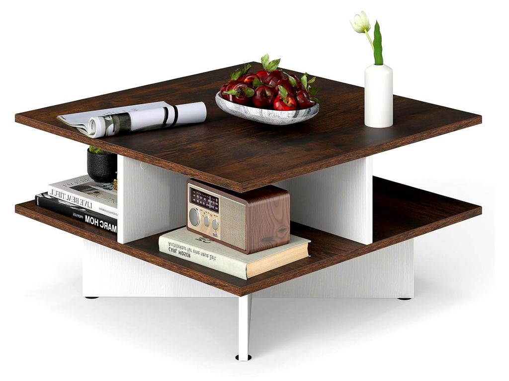 Quadratischer Couchtisch mit 2 Ebenen und 4 separaten Fächern, Kaffeetisch für das Wohnzimmer, 60 x 60 x 32,5 cm, im industriellen Stil