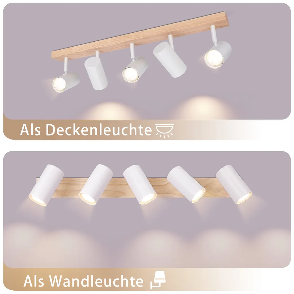 ZMH plafoniera 5 fiamme faretto soffitto legno plafoniera bianca spot soffitto GU10 lampada soggiorno 350° lampada corridoio soffitto faretto corridoio per camera da letto cucina soggiorno senza lampadine - 7