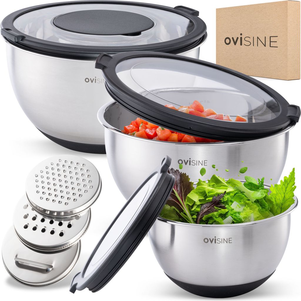 ovisine Edelstahlschüssel-Set Roumare | 3-teilig | 24, 20, 16 cm | Rührschüssel Edelstahl | rutschfester Boden | 1,0l - 2,5l - 4,5l Rührsch...