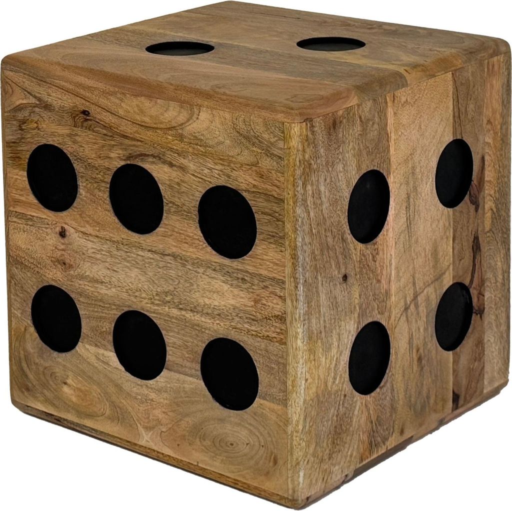 Würfelhocker Mango Massivholz 41x41x41cm Sitzwürfel Beistelltisch in Gesamtansicht mit schwarzen Lochmustern an allen Seiten.