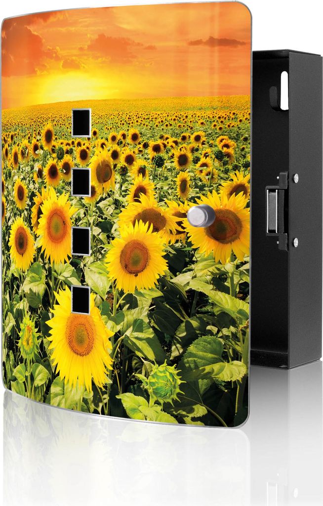 banjado Design Schlüsselkasten aus Edelstahl für 10 Schlüssel, Schlüsselschrank 24 x 21,5 x 7cm groß mit Magnetverschluss, Sonnenblumenmeer [B...