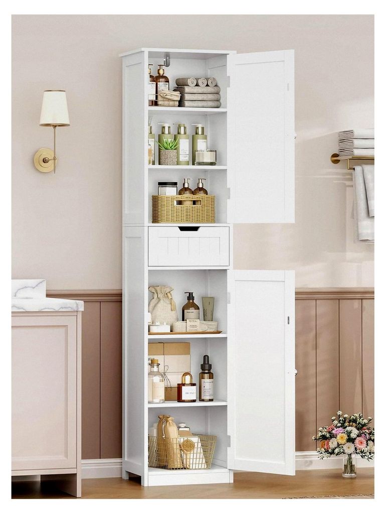 Schmaler Badezimmerschrank mit 40 cm Breite, Badschrank mit 2 Türen und 1 Schublade, Hochschrank mit verstellbaren Regalen für Badezimmer, Wohnzi...