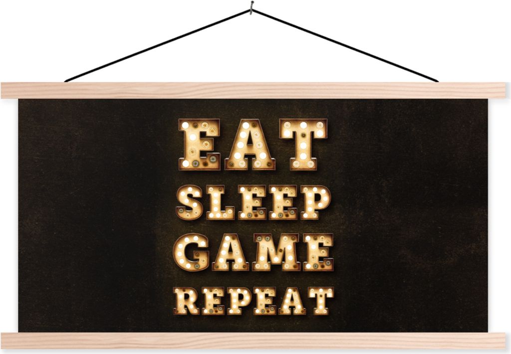 MuchoWow Textilposter Spiele - Spiele - Zitate - Sprichwörter - Eat sleep game repeat 120x60 cm mit holzfarbenen Rahmen - Klemmleiste