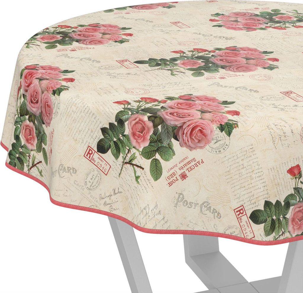 Tischdecke Shabby Chic Postkarte Rosen Beige Rund 140cm mit Band-Kante Wachstuch abwaschbar