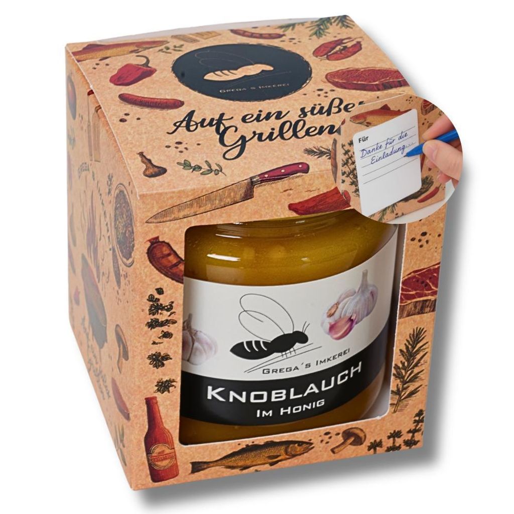 Grill Honigsüße Geschenk Box 1er Set | 250g Knoblauch im Honig | Gastgeschenk mit Grußfeld | Grega's Imkerei