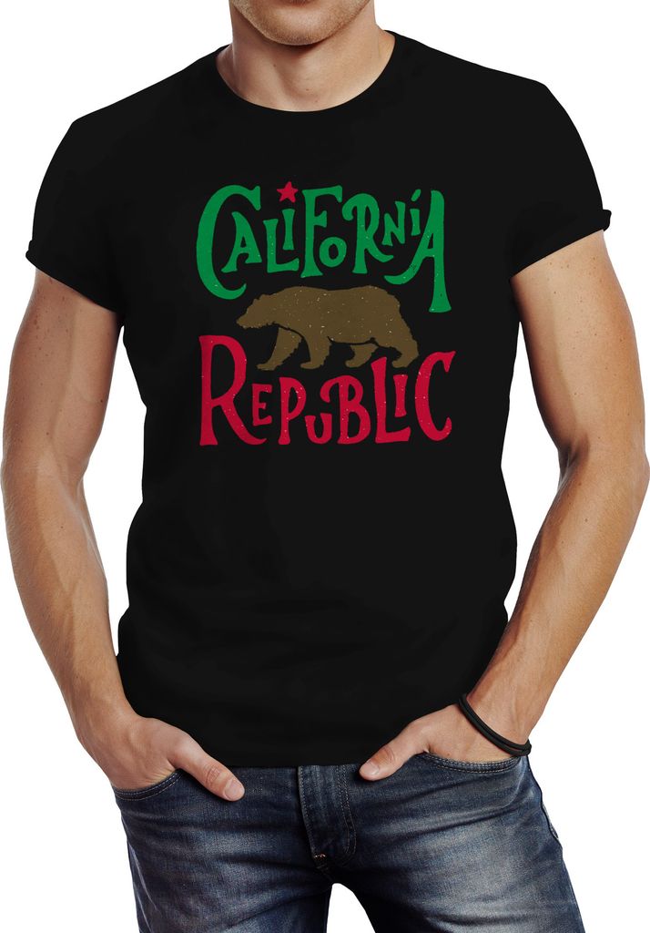 Herren T-Shirt California Republic Bär Grizzlybär Kalifornien Slimfit Neverless schwarz XXL