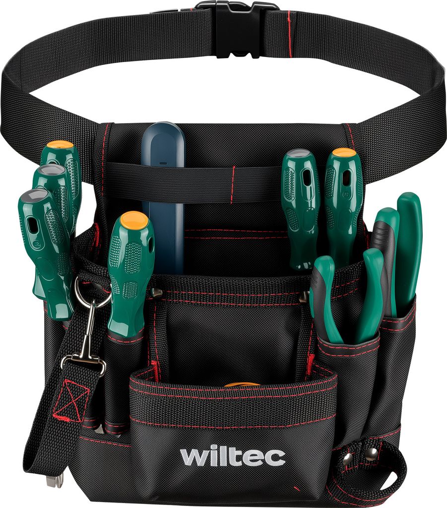 Wiltec Werkzeuggürteltasche 24 x 28 cm bis 15 kg, Werkzeug Gürteltasche 7 Fächer, Werkzeugtasche mit Gürtel verstellbar, robuste Arbeitstasche