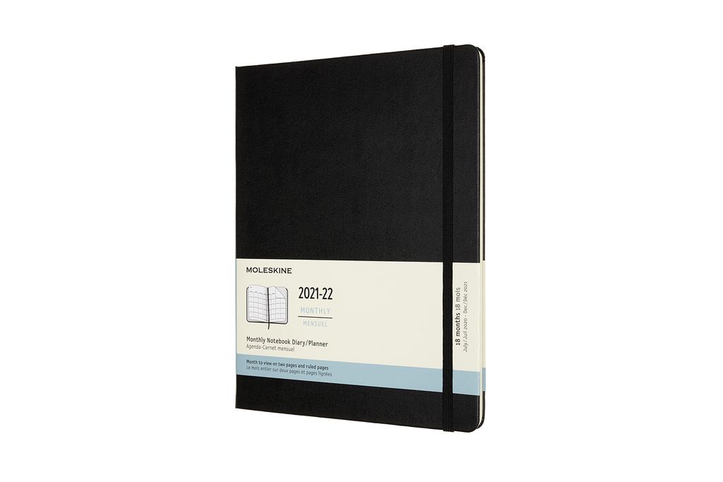 Moleskine 18 Monate Monats-Notizkalender 2021/2022 - Fester Einband - Englischer Kalender - 1 Mo = 2 Seiten - linierte Seiten - Schwarz - XL (19x25)