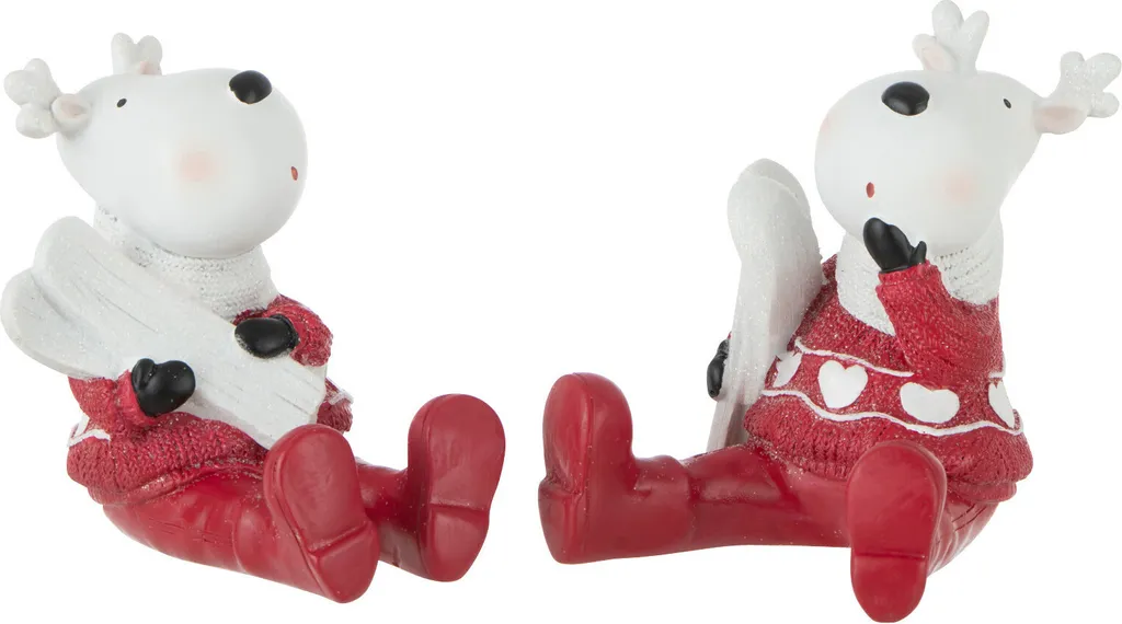 Décoration de Table de Noël : Renne Assis Blanc et Rouge J-Line Poly