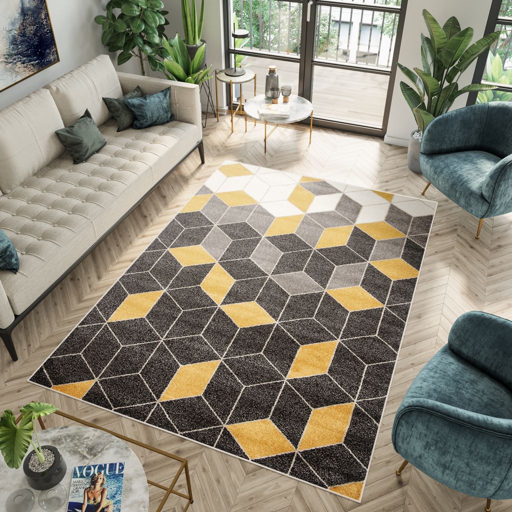Teppich Wohnzimmer Schlafzimmer Kurzflor Modern Design Dunkelgrau Grau Creme Gelb Orange Figuren Meliert Verwischt Jugendzimmer 80 x 150 cm