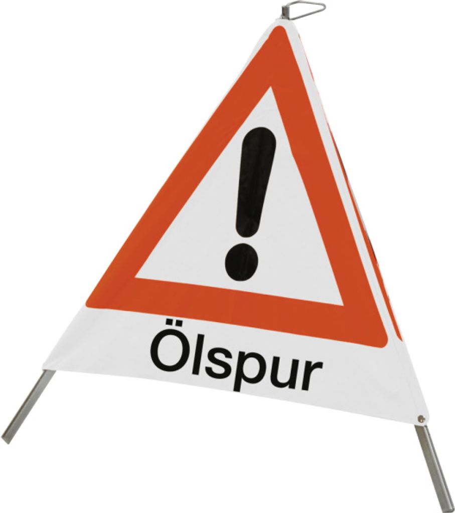 Faltsignal mit Symbol Gefahrenstelle und Text "Ölspur", 900 mm Seitenlänge