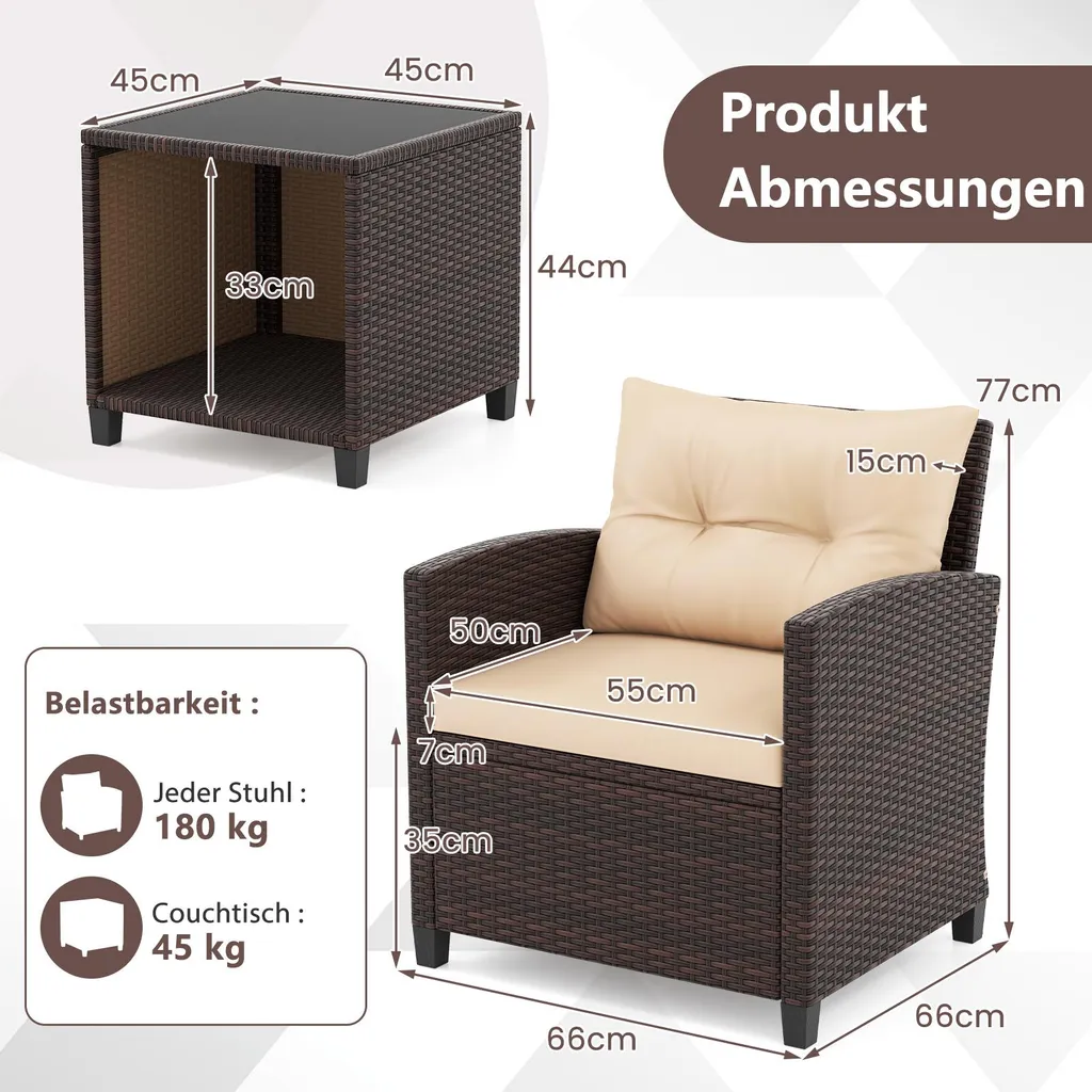 Meuble de Balcon en Rotin Résistant avec Table et Fauteuils Ergonomiques