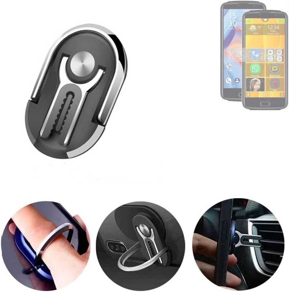 K-S-Trade 3in1 Smartphone-Ring Handy-Ring kompatibel mit Bea-fon M7 premium Fingerhalterung Handyring Tischständer Lüftungsgitter-Halterung Tisch