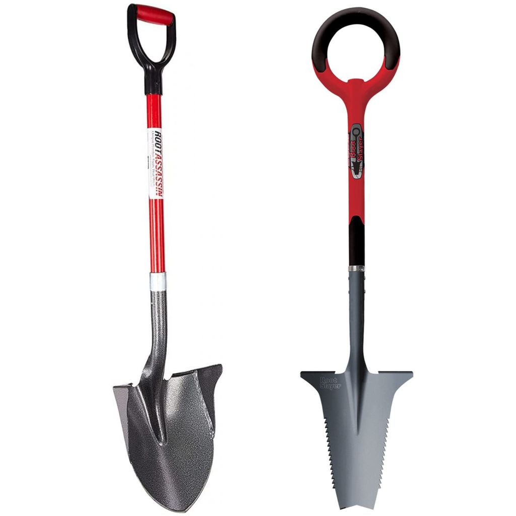 Root Slayer Set Wurzelspaten + Gartenschaufel mit Stiel, ergonomisch & robust, Spaten & Schaufel mit Schneidspitze & Wurzelsäge, rot
