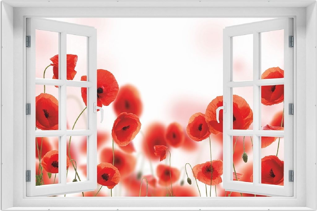 Wallario Wandbild mit Fenster-Illusion: Leuchtende Mohnblumen - Rote Mohnblumenblüten, Größe: 61 x 91,5 cm, Poster mit rahmenlosen Bildhalter