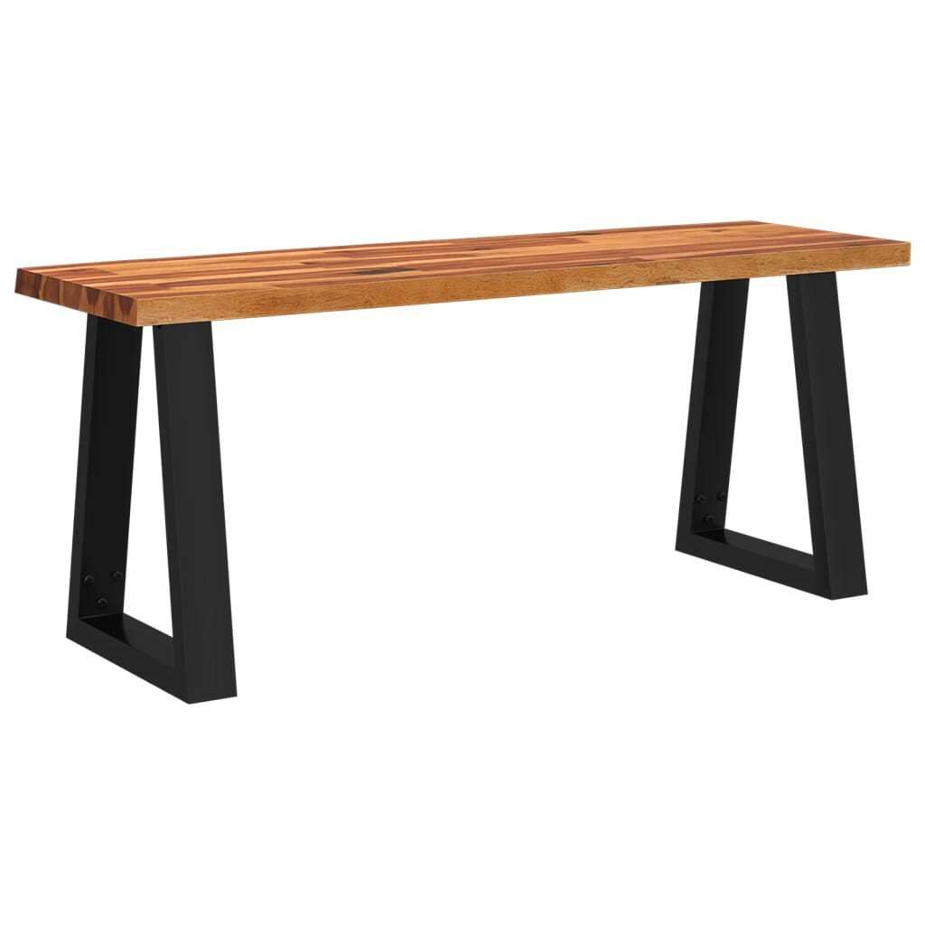 A wooden bench with black metal legs on a white background.