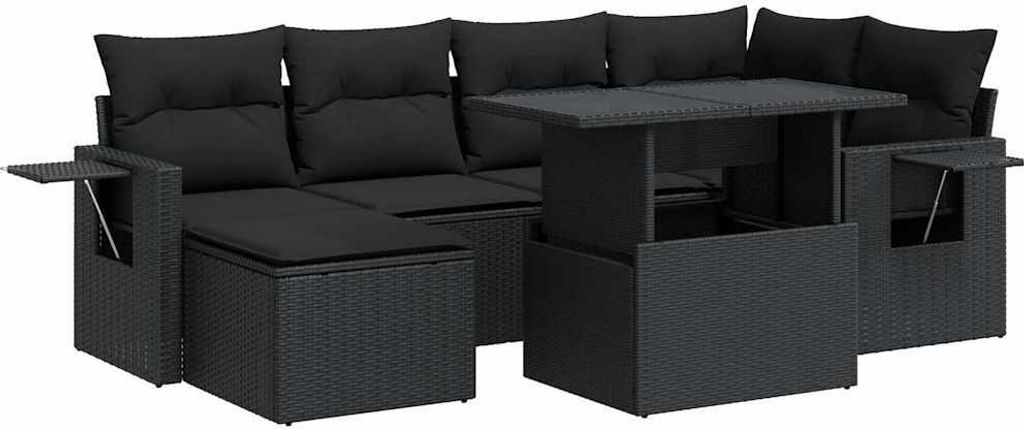 vidaXL 7-tlg. Garten-Sofagarnitur mit Kissen Schwarz Poly Rattan