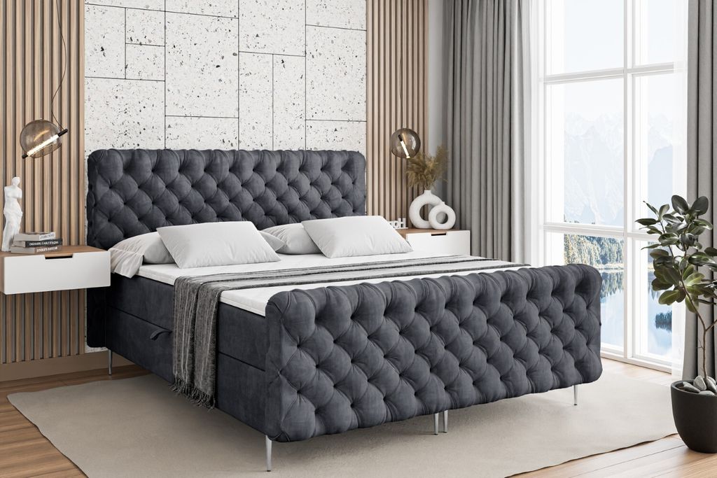 ALTDECOR Boxspringbett mit Silber Füßen, Matratze und Lattenrost, Topper, Fußteil, Polsterbett mit Bettkasten, Bett mit Stauraum H4-Matratze, Do...