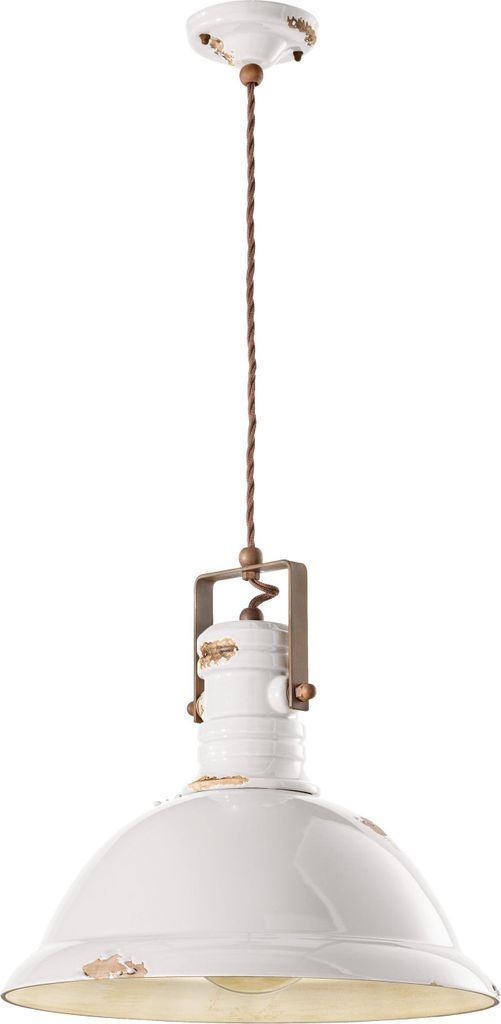Hängelampe Keramik Metall E27 Ø 40 cm H: max. 156 cm Weiß Shabby Antik rund Vintage Keramiklampe