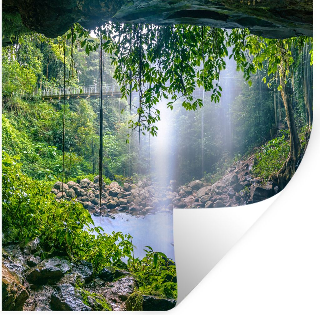 MuchoWow Wandtattoo Wandsticker Wandaufkleber Dschungel - Regenwald - Wasser - Wasserfall - Pflanzen 50x50 cm Selbstklebend und Repositionierbar ...