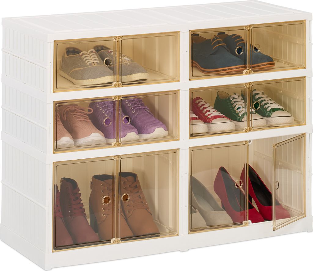 Relaxdays faltbarer Schuhschrank, HBT: 66,5 x 86,5 x 34,5 cm, für 12 Paar, Kunststoff, Schuhregal mit Rollen, weiß/braun