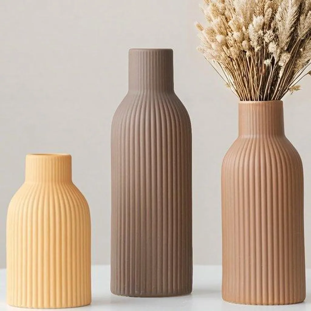 Lot de 3 vases décoratifs en céramique pastel à motif nervuré élégant