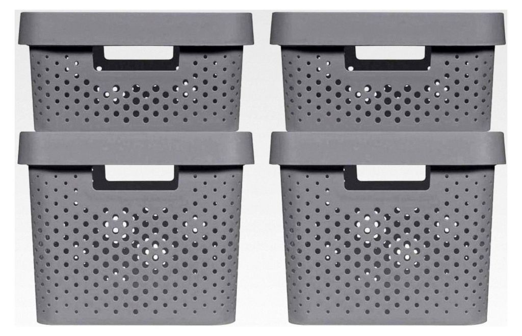 Aufbewahrungsboxen mit Lochmuster 2x (11L+17L) und Deckel, dunkelgrau