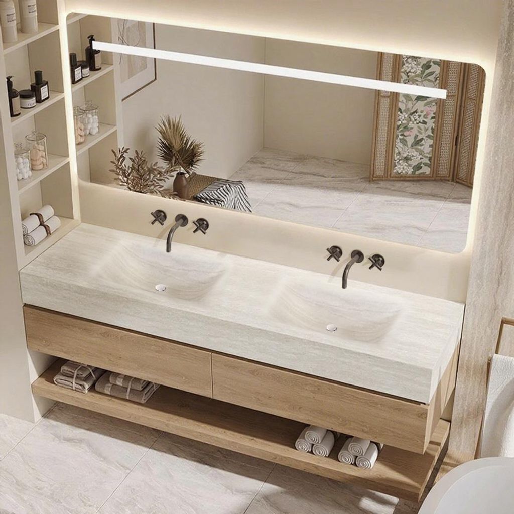 Wandhängendes Doppelwaschbecken-Set, Travertine look, mit Spiegel, Unterschrank, Sinterstein, ohne Armaturenloch 140×55 cm【RW4822-140 BKK】