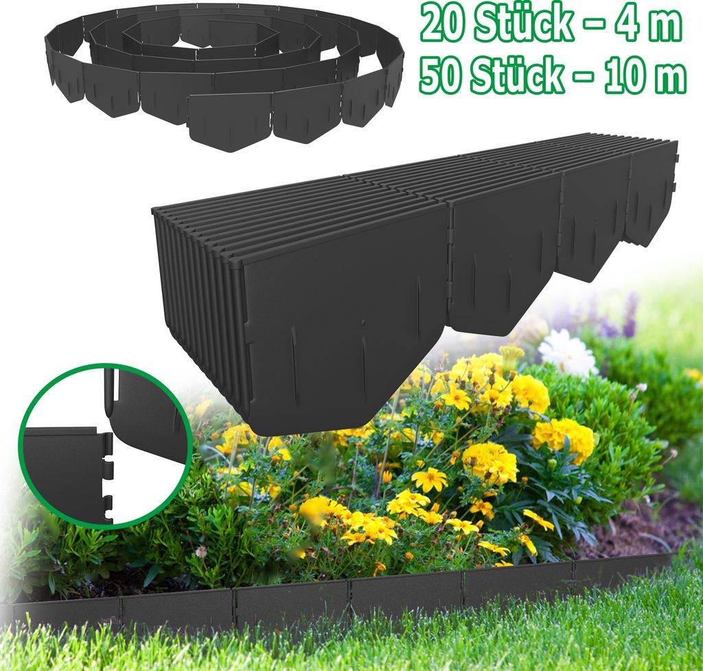 LARS360 Fünfeckiger Gartenzaun aus PP-Kunststoff, flexibel und wetterfest, ideal für Blumenbeete und Wege, einfache Installation, 10 m, schwarz