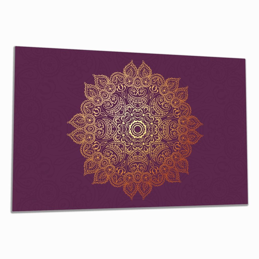 Wallario Herdabdeckplatte aus Glas, Größe 80 x 52 cm 1-teilig, Motiv goldenes Mandala auf violettem Hintergrund